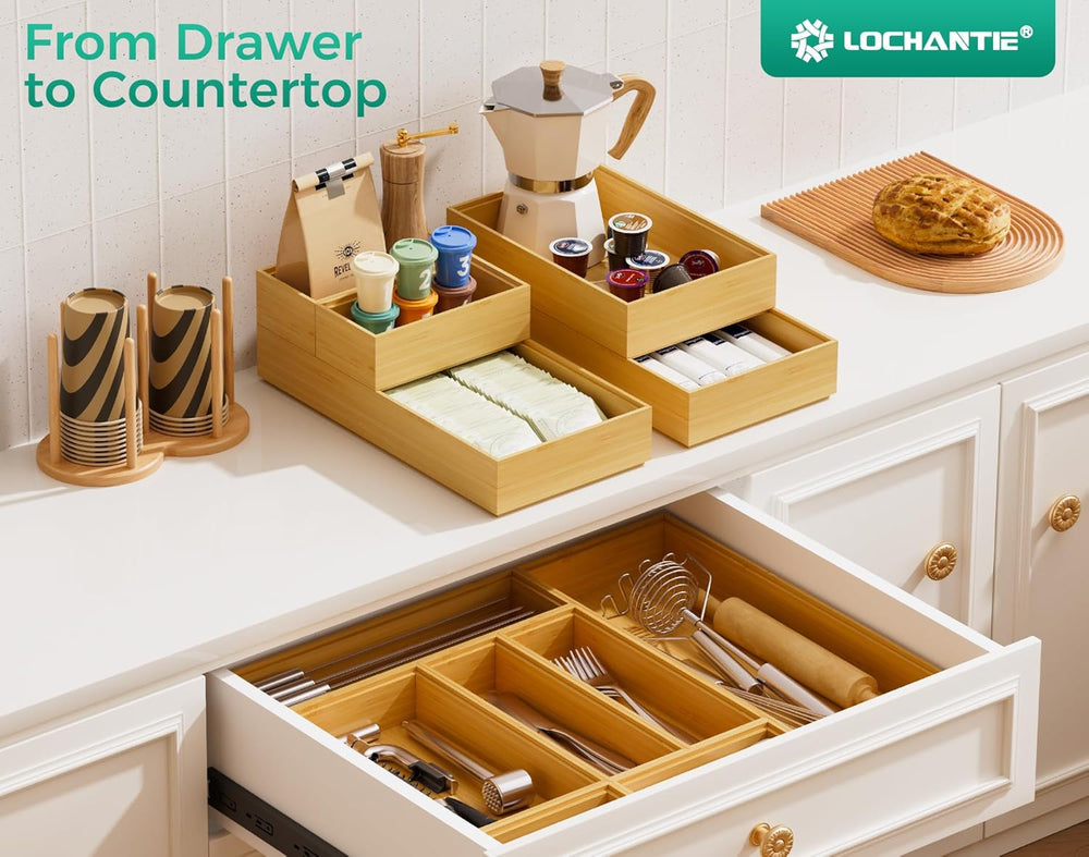 Long Bamboo Kitchen Drawer Organizer Boxes 17" x 6" Wood Pantry Org...