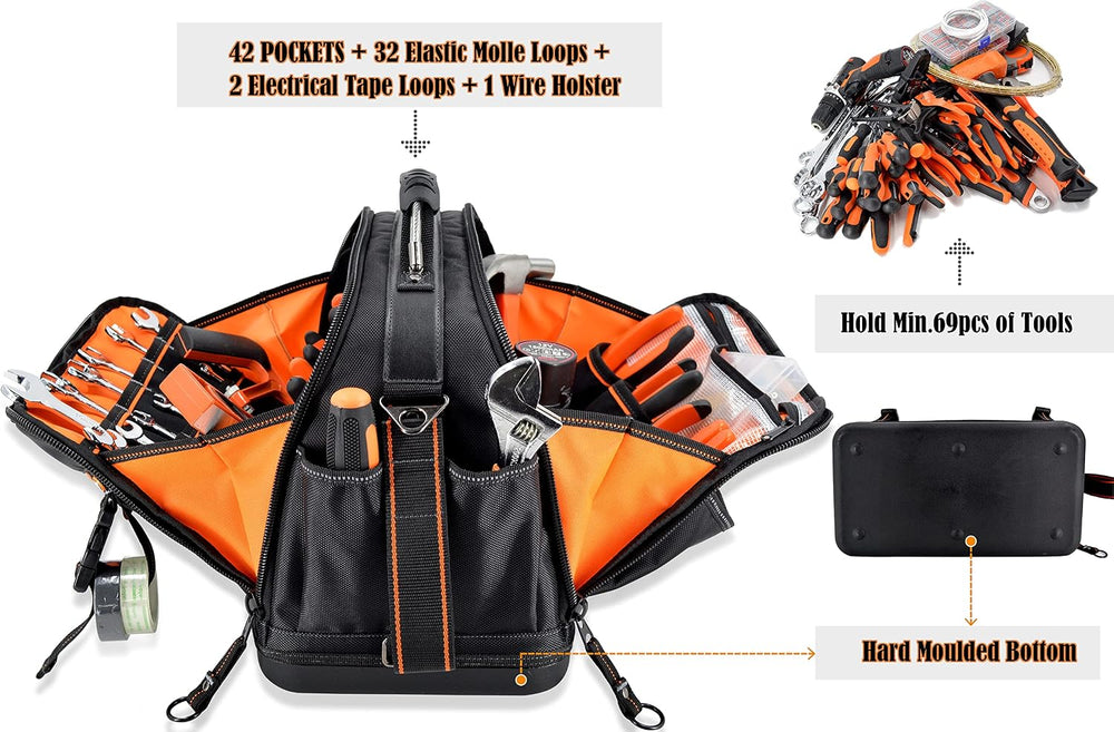 WELKINLAND 42-Pocket Tool Organizer, 16- Inch Hard Bottom Tool Bag