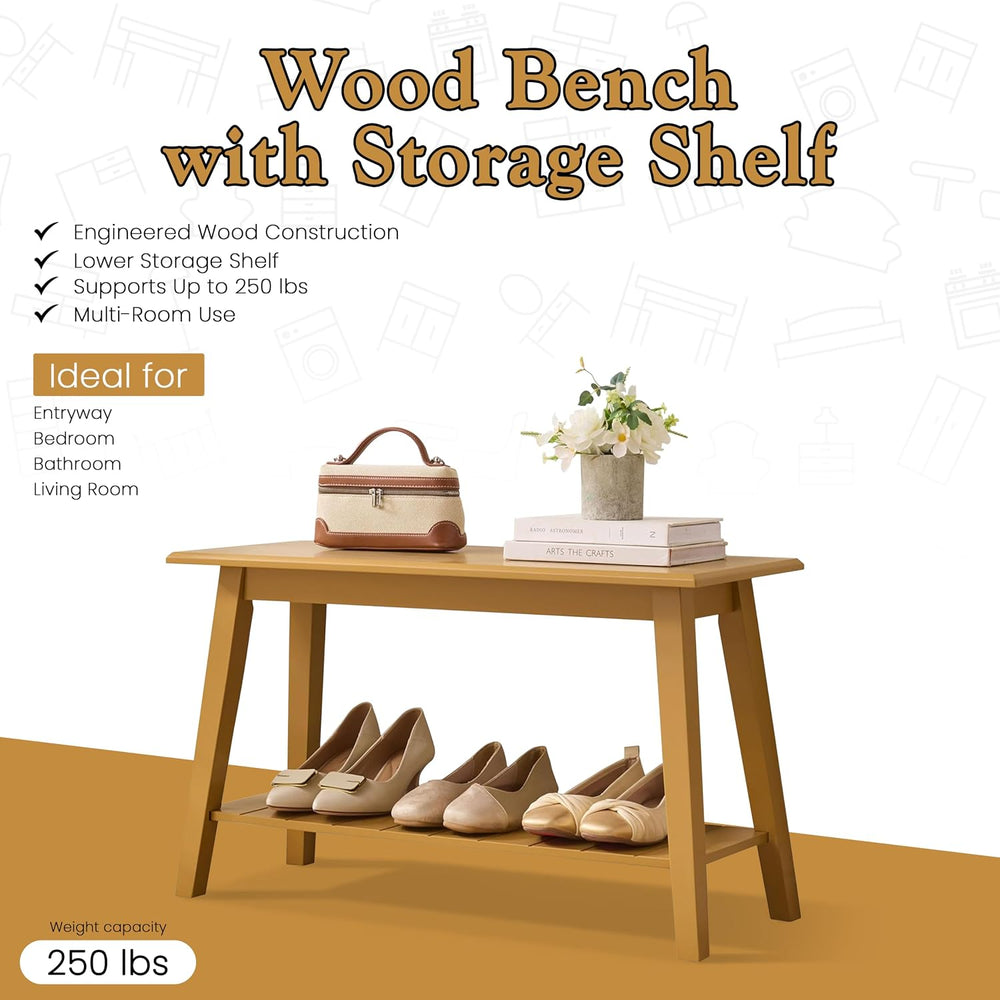 Kings Brand Wood Entryway Shoe Bench with Storage Shelf, Honey Mustard