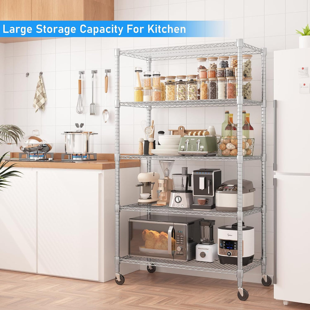 Homdox Heavy Duty Storage Shelves, 5 Tier Wire Shelving Unit with Wheels, Com...