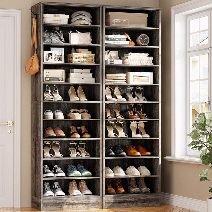 Aheaplus 10 Tiers Narrow Shoe Cabinet Set of 2, 35.4" Tall Wood Shoe Rack, Shoe Storage Organizer with Open Storage, Vertical Shoe Shelf Tower for 40-44 Pairs for Closet, Entryway, Bedroom, Black Oak