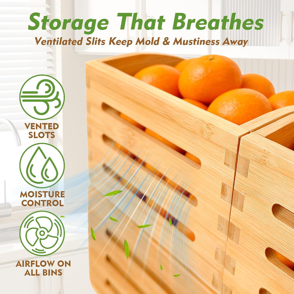 Stackable Bamboo Produce Storage Bin with Ventilation & Handles