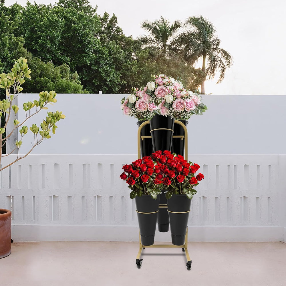 Flower Display Stand with 6 Buckets, 2 Layers Plant Stand, Metal Flower Cart ...