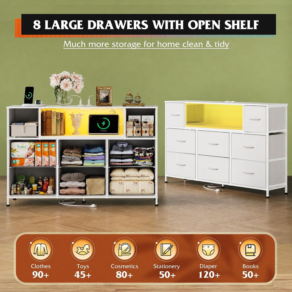 WLIVE LED Dresser TV Stand for 55 Inch TV, 8 Drawers, White