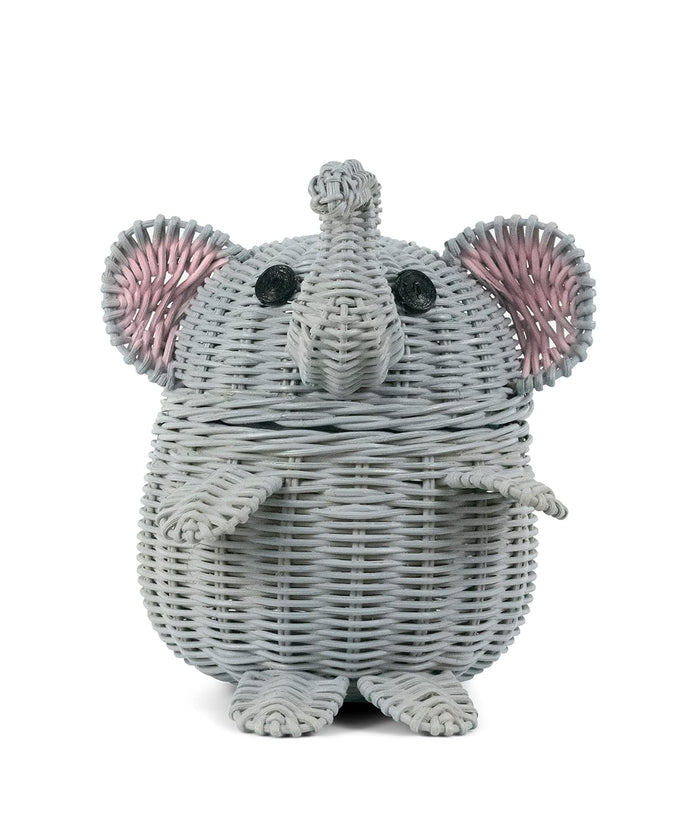 G6 COLLECTION Elephant Rattan Storage Basket With Lid Decorative Home Decor Hand Woven Shelf Organizer Cute Handmade Handcrafted Gift Art Decoration Artwork Wicker Elephant (Small, Gray)