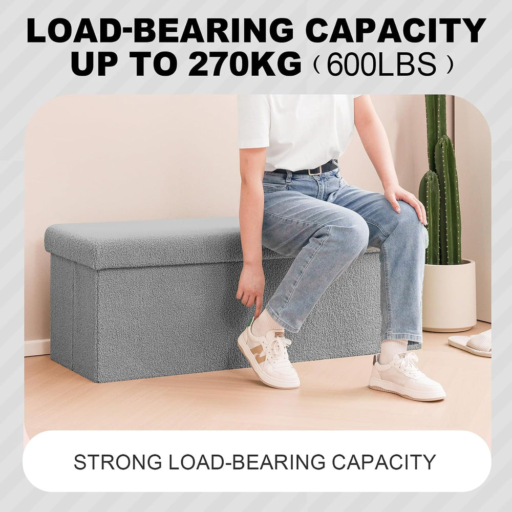 PINPLUS Storage Ottoman Bench Sherpa Foot Rest, Foldable Boucle Ottomans, Lar...