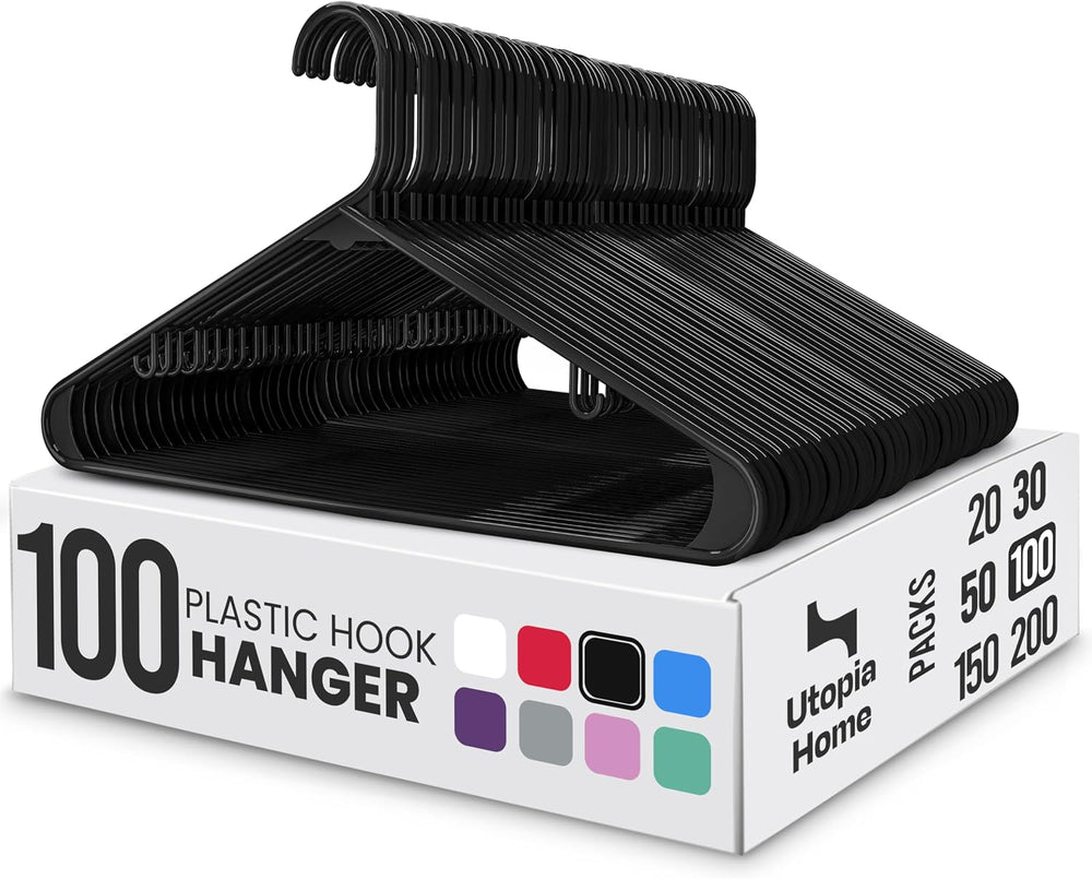 Utopia Home Plastic Hangers 100 Pack – Built-in Strap Hooks Black