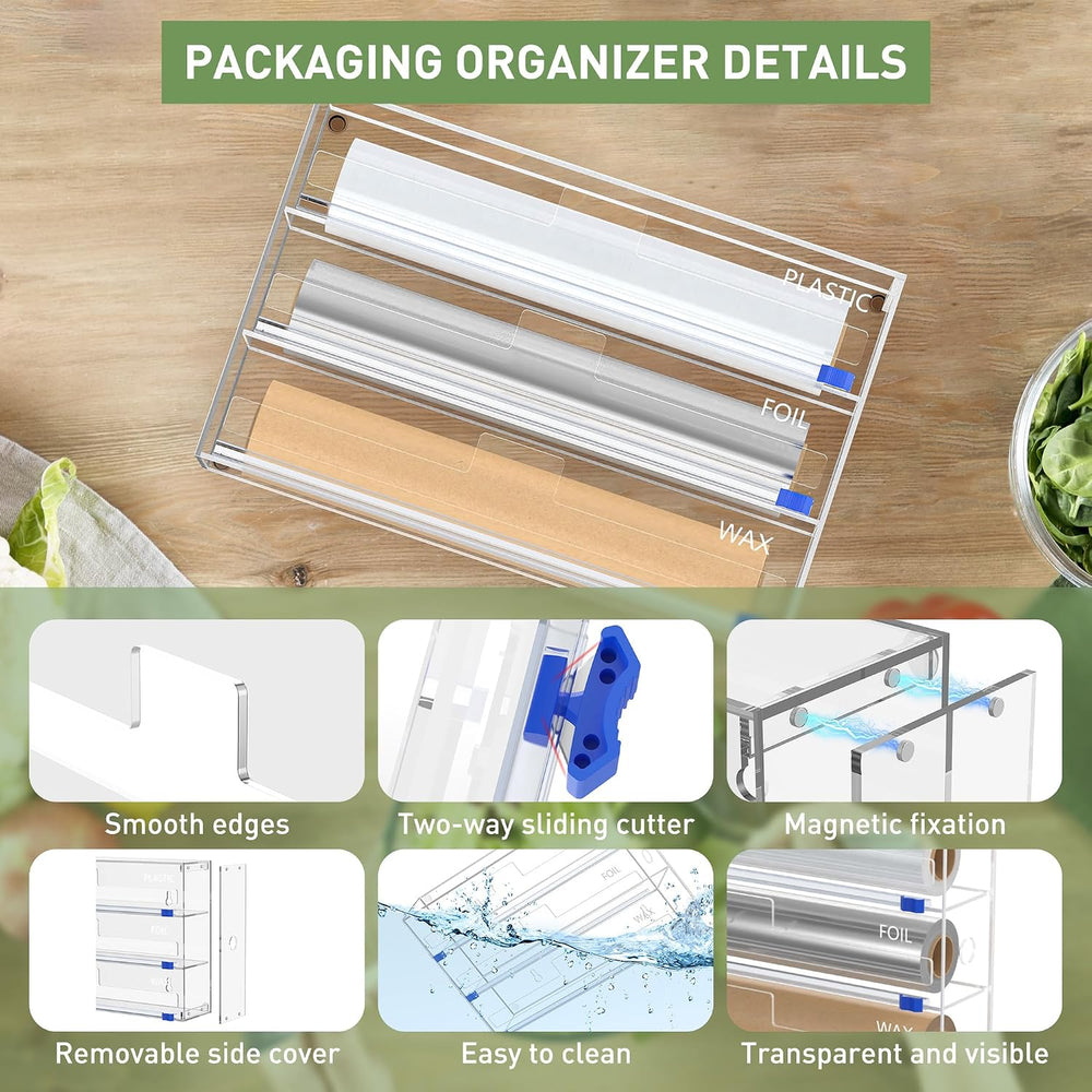 3 in 1 Clear Acrylic Foil, Plastic Wrap Organizer with Cutter