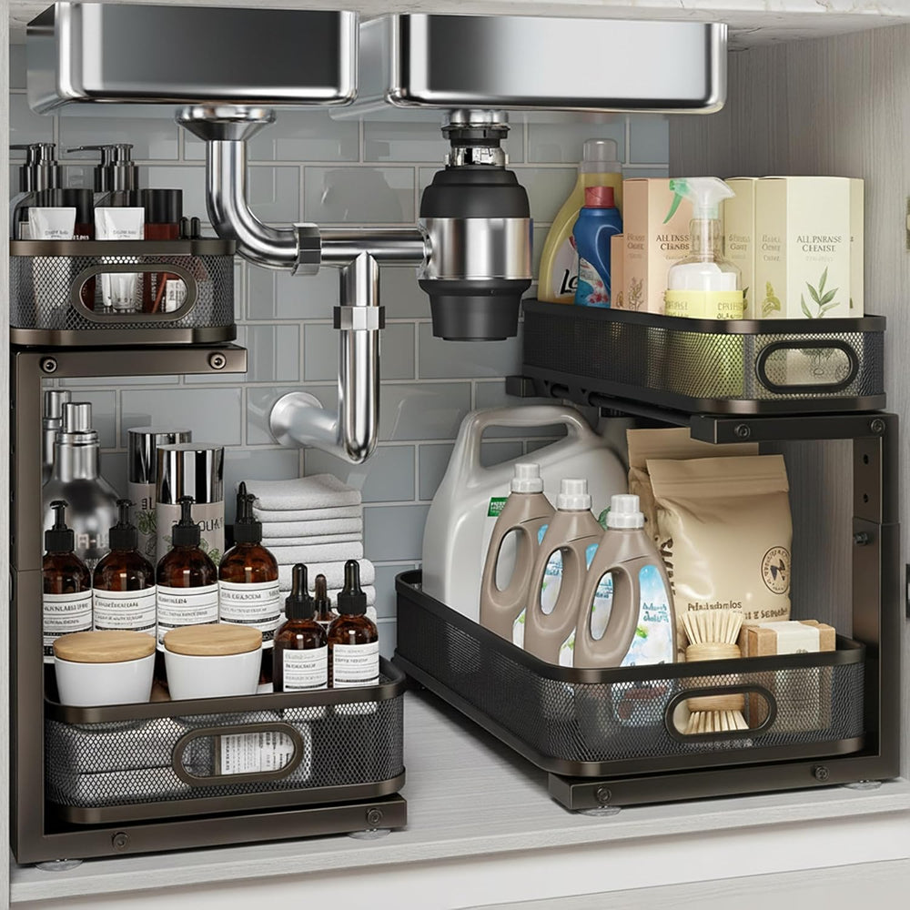 2 Pack Under Sink Organizer, Dual-Layer Pull Out Mesh Cabinet Rack with 5-Lev...