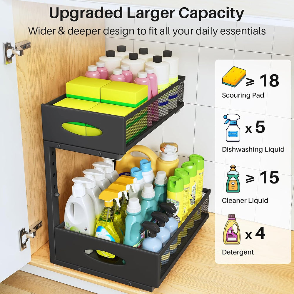 Under Sink Organizer, 2 Pack 2 Tier Pull Out Under Cabinet Organizer Shelf wi...