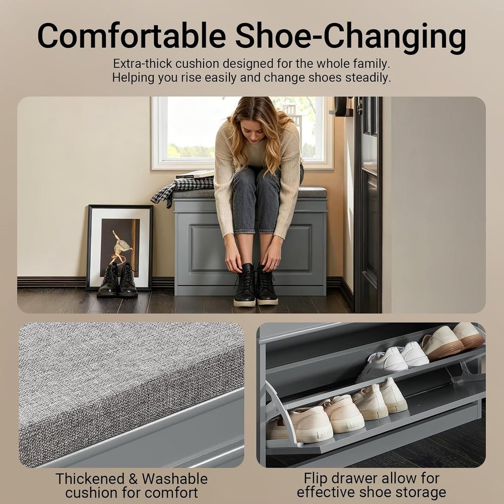 Haotian Shoe Storage Bench with Cushion, Grey Narrow Shoe Rack for Entryway, ...