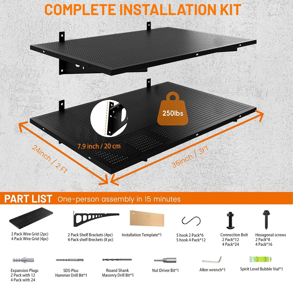 2-Pack 2x3ft Heavy Duty Wall Shelves, 500 Lbs Wall Mounted Garage Shelving Ra...