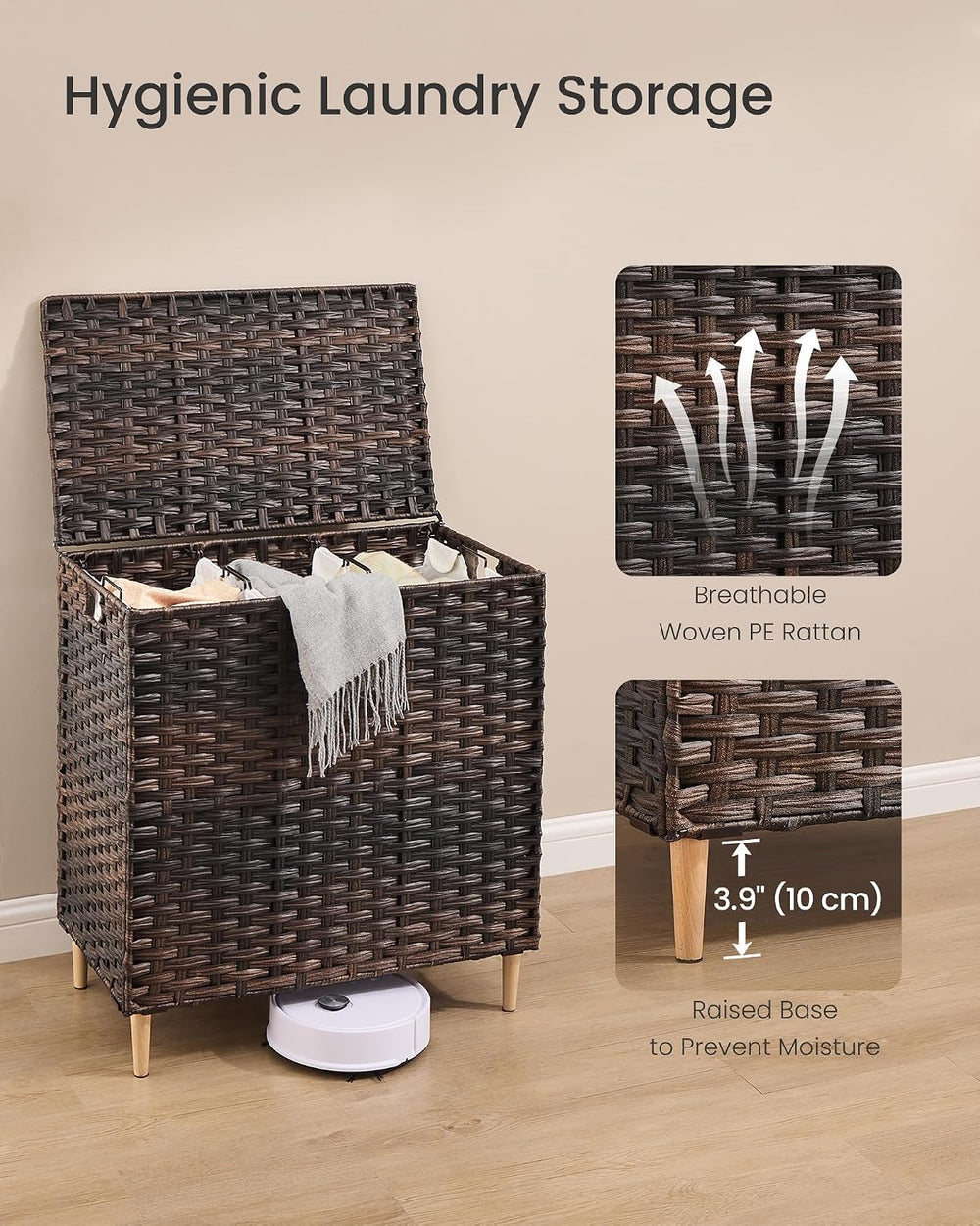 SONGMICS 3-Section Laundry Hamper with Lid, PE Rattan, 42 Gallons (160 L)