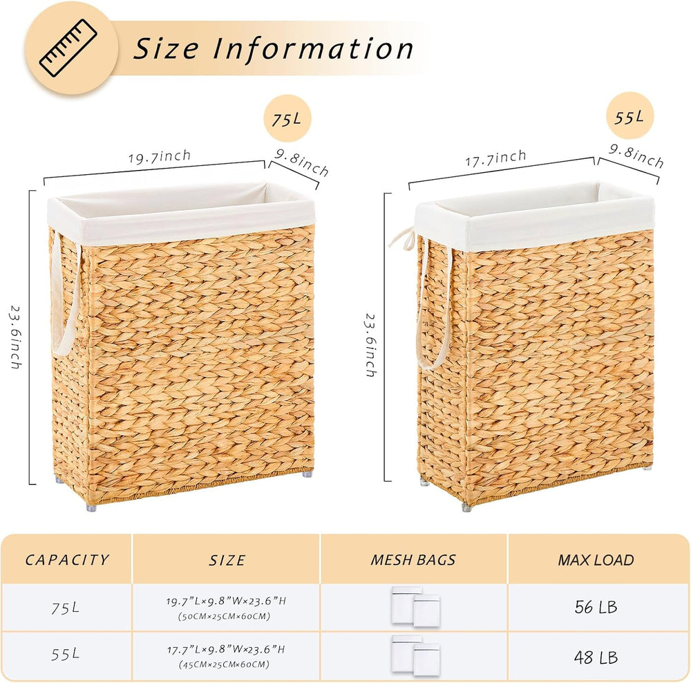 Handwoven Slim Laundry Hamper, 75L Narrow Laundry Basket, Natural Water Hyaci...