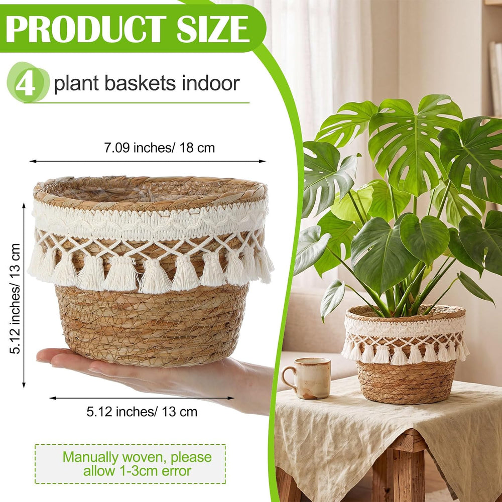 4 Pcs Straw Plant Baskets Indoor Rattan Woven Flower Baskets with Plastic Lin...