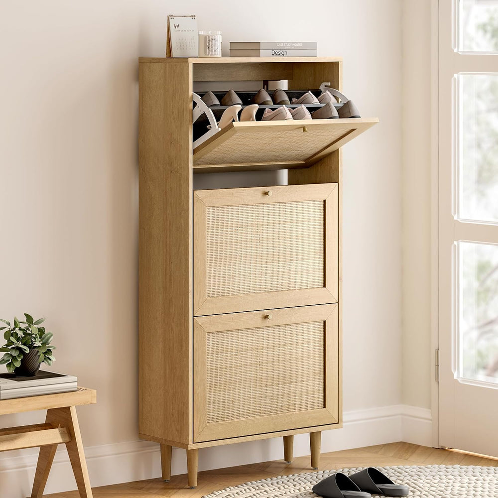 EYYTHUNG Rattan Shoe Cabinet Narrow Shoe Storage Cabinet with 3 Flip Drawers ...