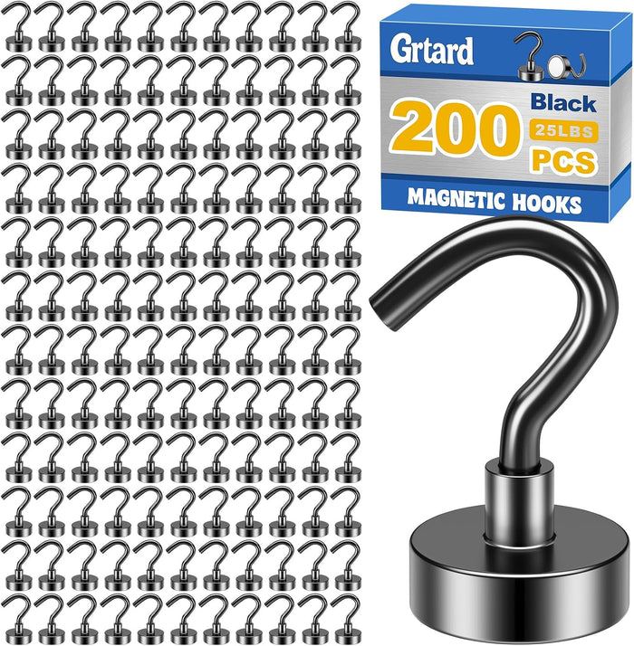 Grtard 200 Pcs Black Magnetic Hooks Heavy Duty, 30LBS Strong Magnet Hooks