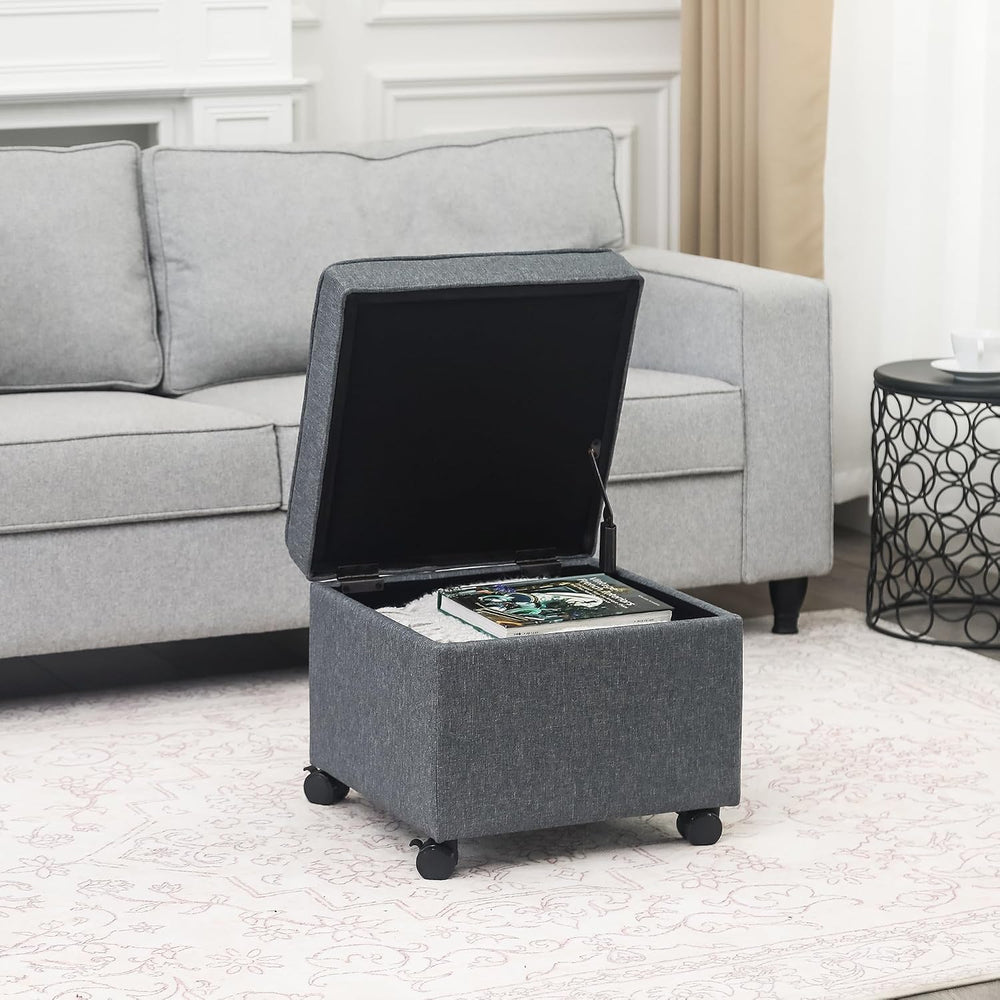 Adeco 17.5" Square Fabric Ottoman with Storage, Upholstered Cotton Linen...