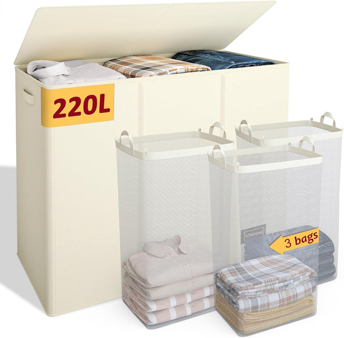 220L Laundry Hamper 3 Section,Large Laundry Hamper with Lid,Dirty Clothes Hamper with 3 Inner Bags,Collapsible Laundry Basket Organizer for Laundry Room,Bedroom,Laundry Sorter Hamper 3 Compartment