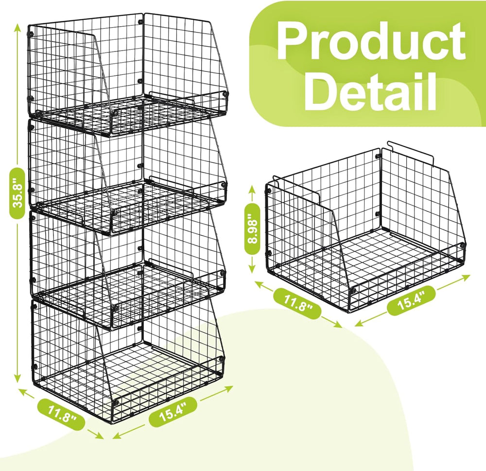 4 Pack XXL Stackable Wire Storage Basket, Extra Large Capacity Pantry Organiz...