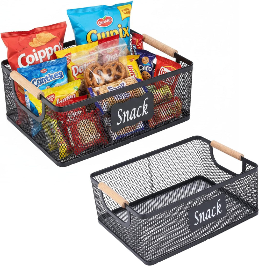 Snack Organizer, 2 Pack Metal Mesh Snack Basket with Wooden Handles, Snack Bi...