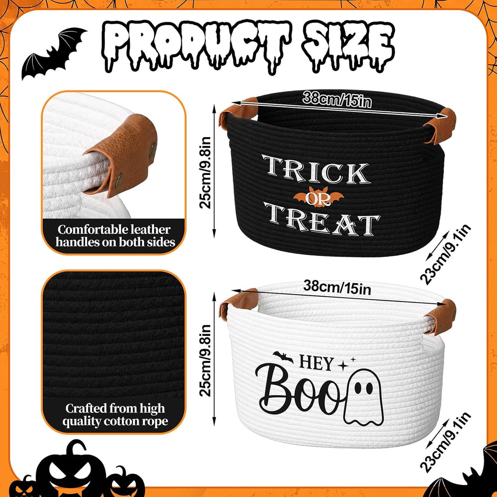 Potchen 2 Pcs Halloween Boo Cotton Rope Basket with Handles