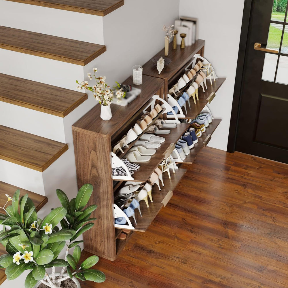 Fluted Shoe Cabinet Storage with 2 Flip Drawers, Narrow Shoe Storage Organize...