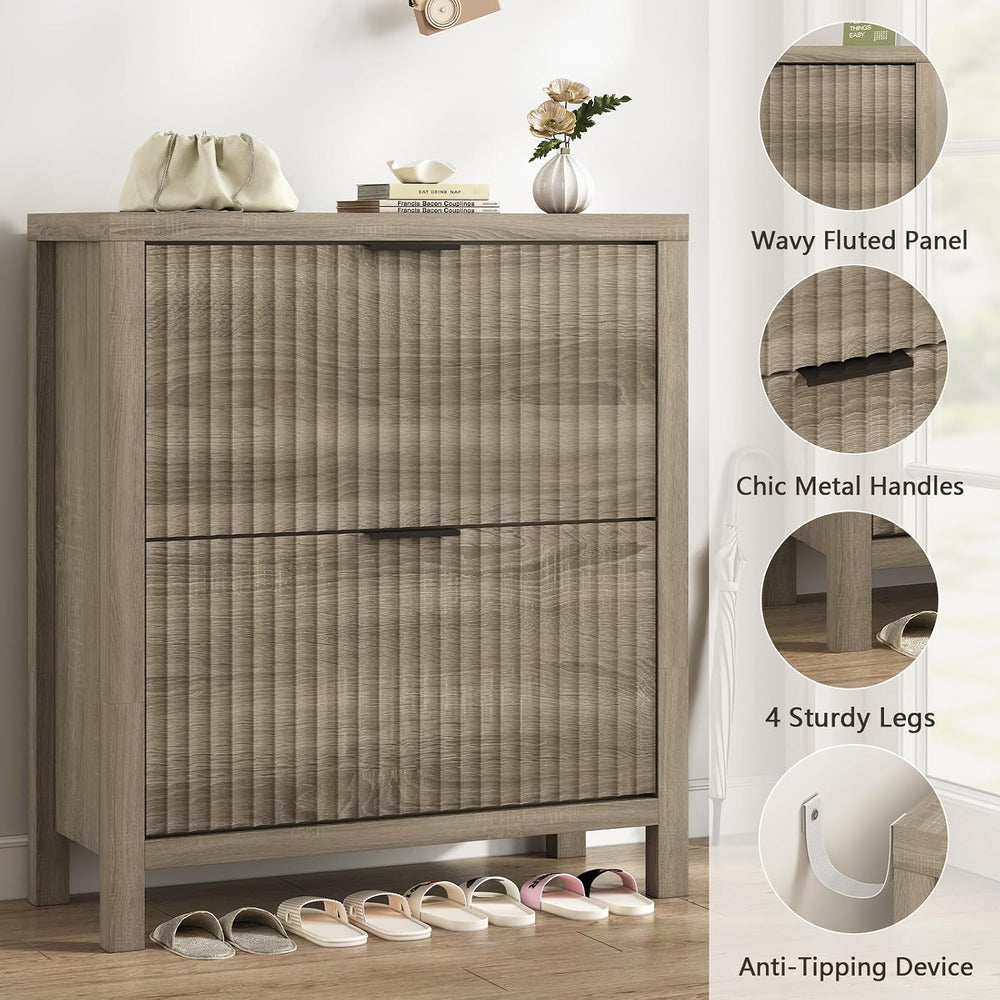 Fluted Shoe Cabinet Storage with 2 Flip Drawers for Entryway, Hallway
