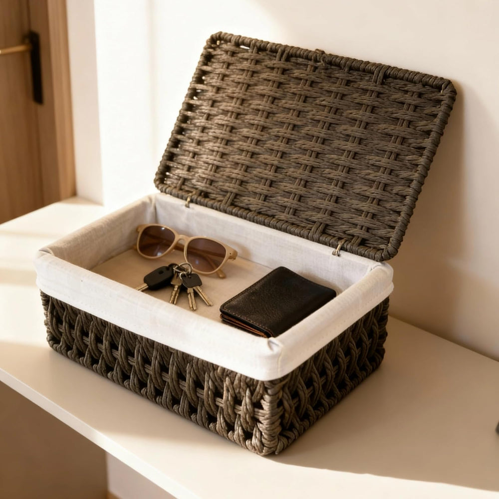 Woven Basket with Lid, Set of 3 Nesting Baskets - Black