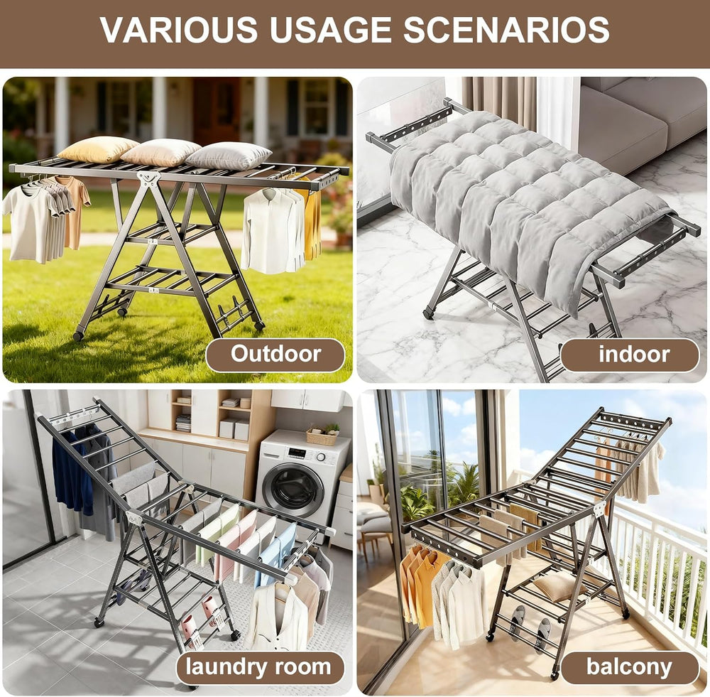 Heavy Duty 3-Tier Clothes Drying Rack with Wheels, Large 5.9ft
