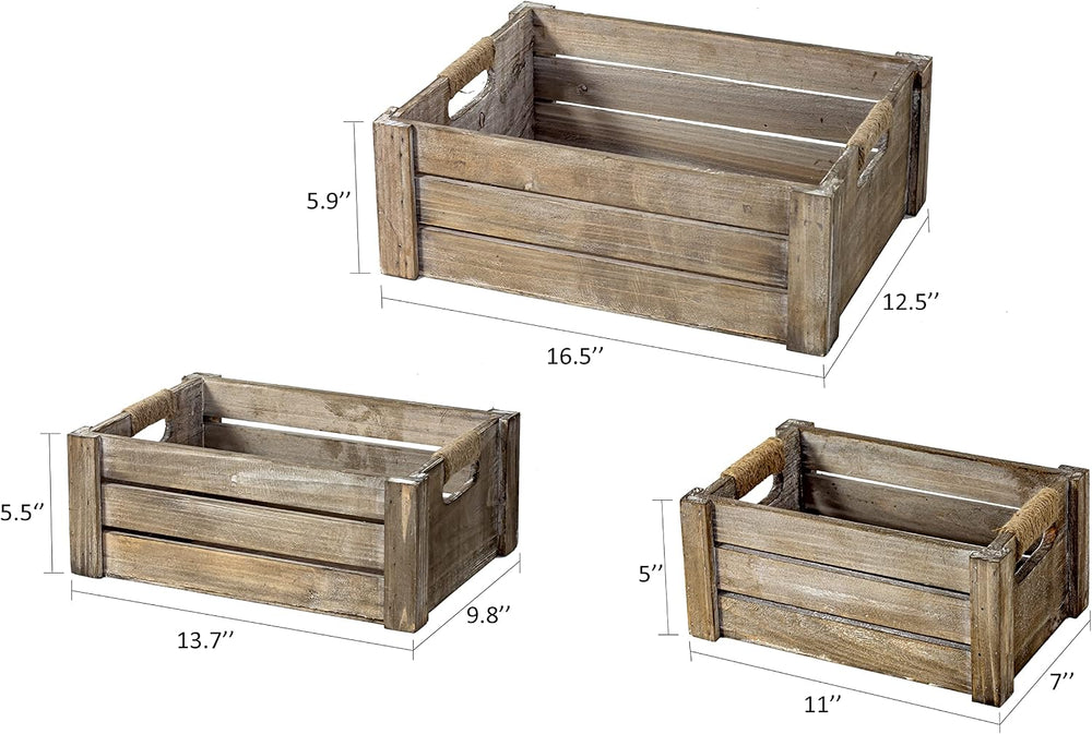 TIMRIS Set of 3 Rustic Wood Nesting Crates, Farmhouse Wooden Storage Containe...
