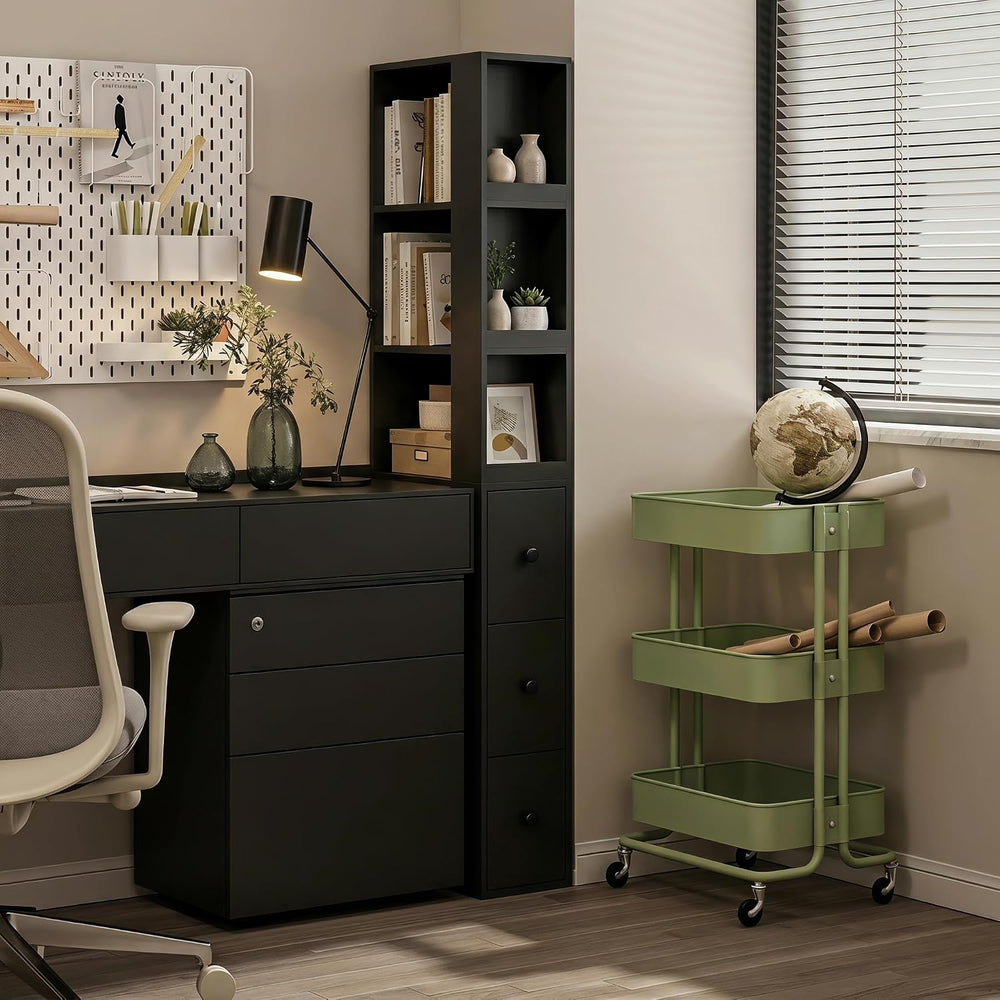 LAUSAINT HOME Tall Slim Storage Cabinet with 3 Drawers & Open Shelves, Na...