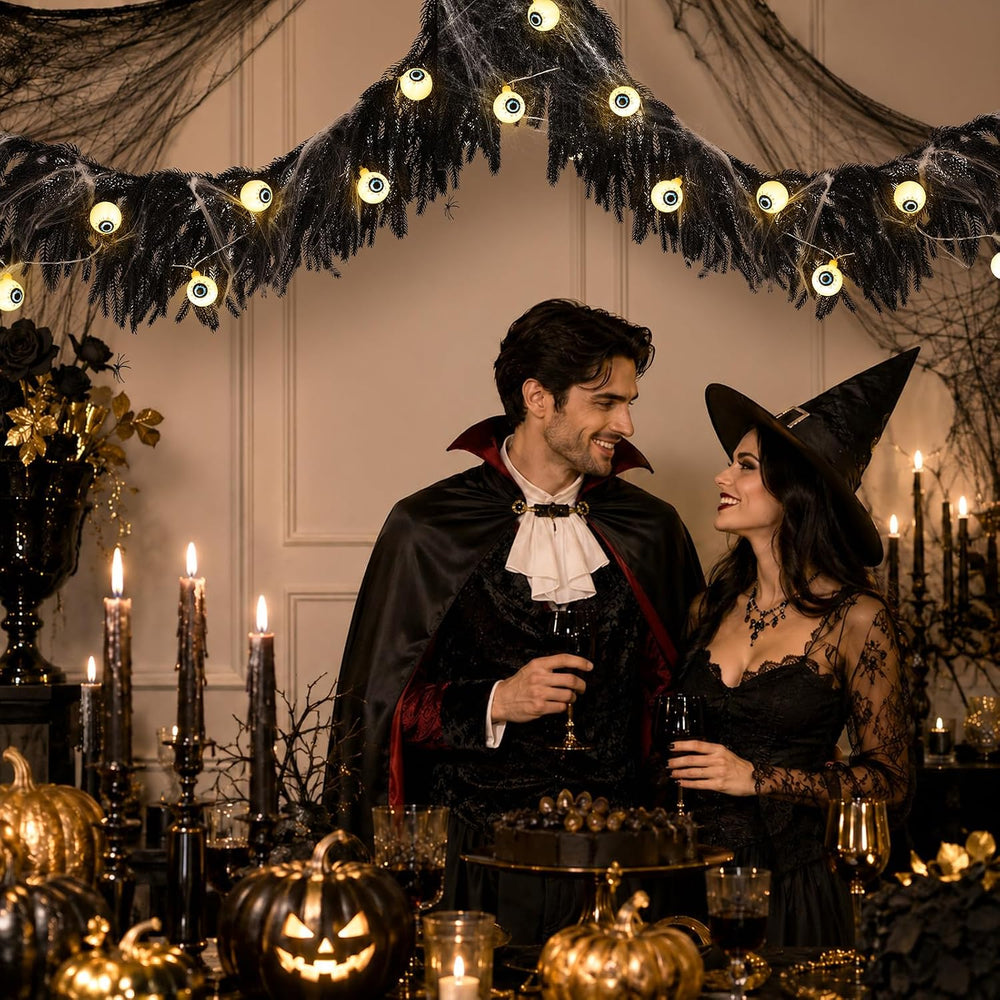 9FT Black Halloween Garland with Eyeball String Light Spider Cotton Spiders