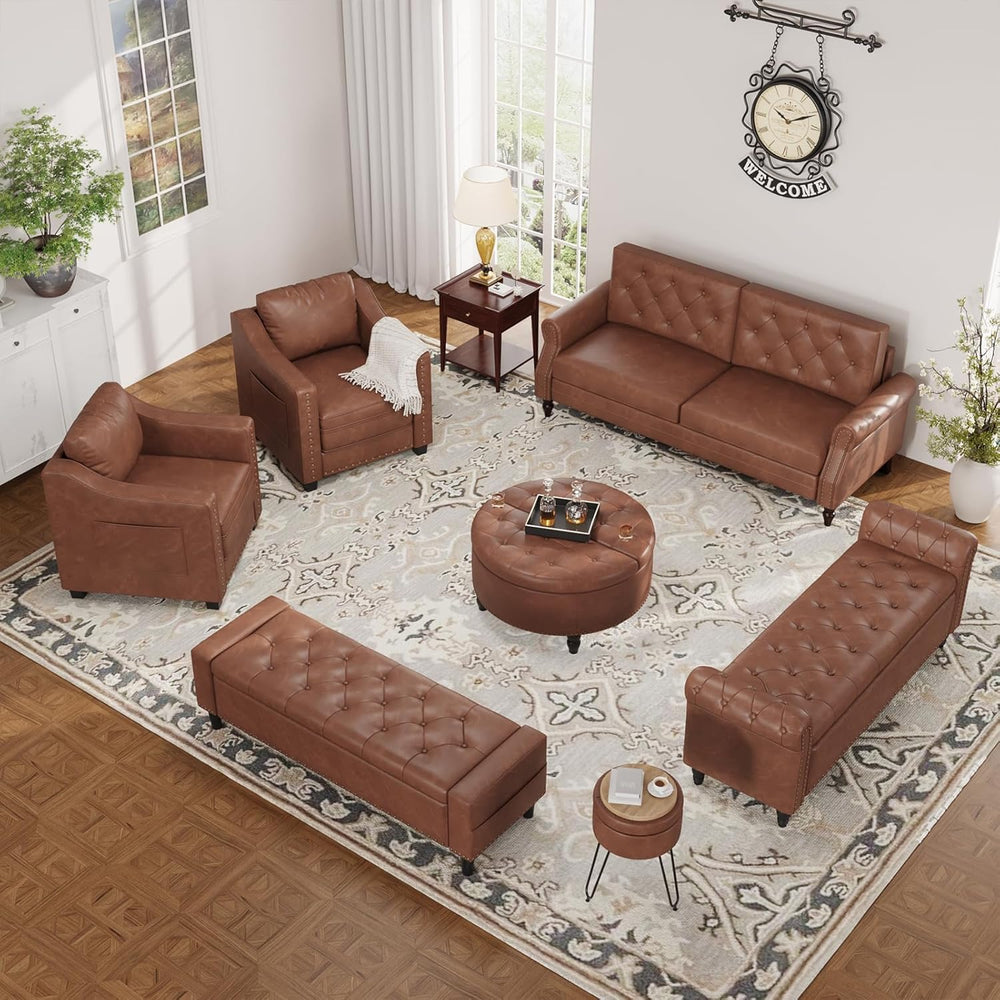 60" Storage Ottoman Bench, Faux Leather Upholstered Bed Bench, Brown