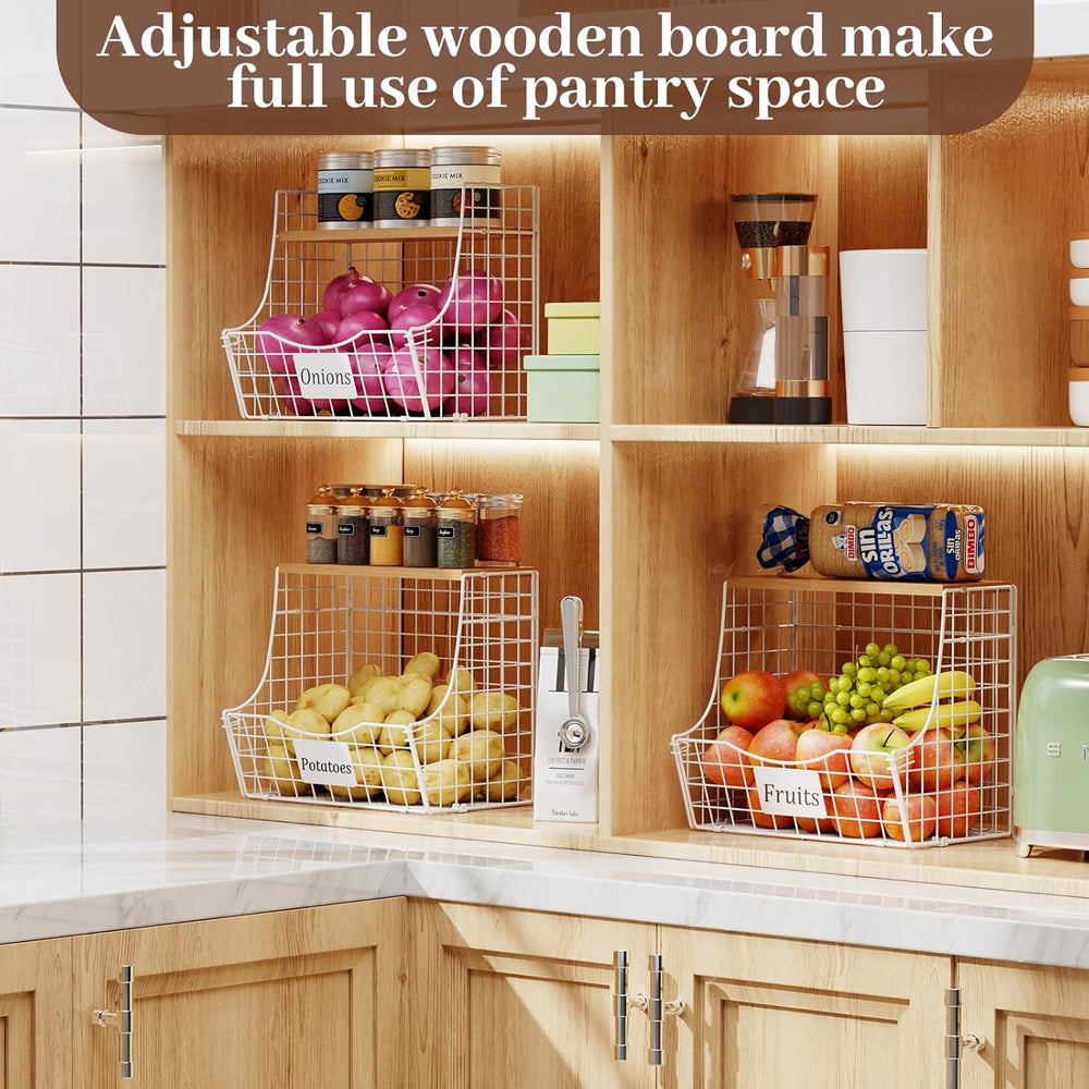 3 Pack Hanging Fruit Basket for Kitchen with Wood Lid - Onion and Potato Stor...