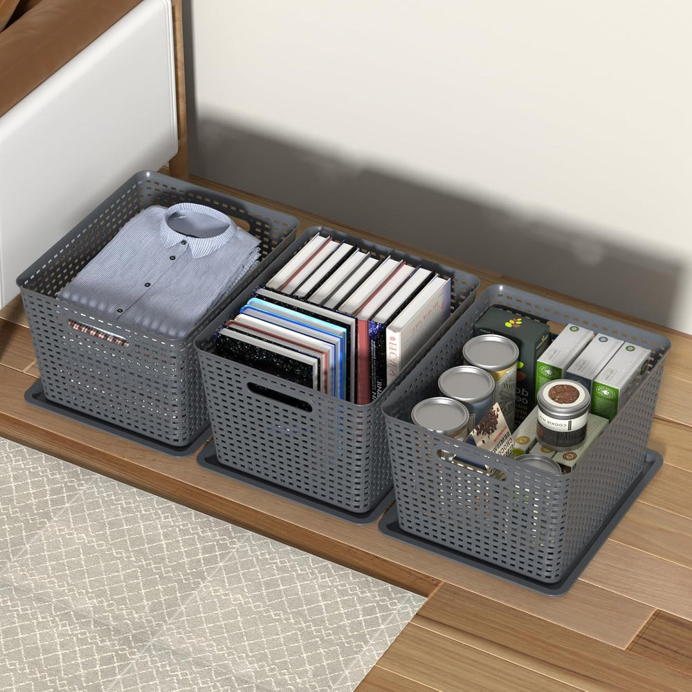 6-Pack Large Plastic Storage Basket Bins with Lid, Gray