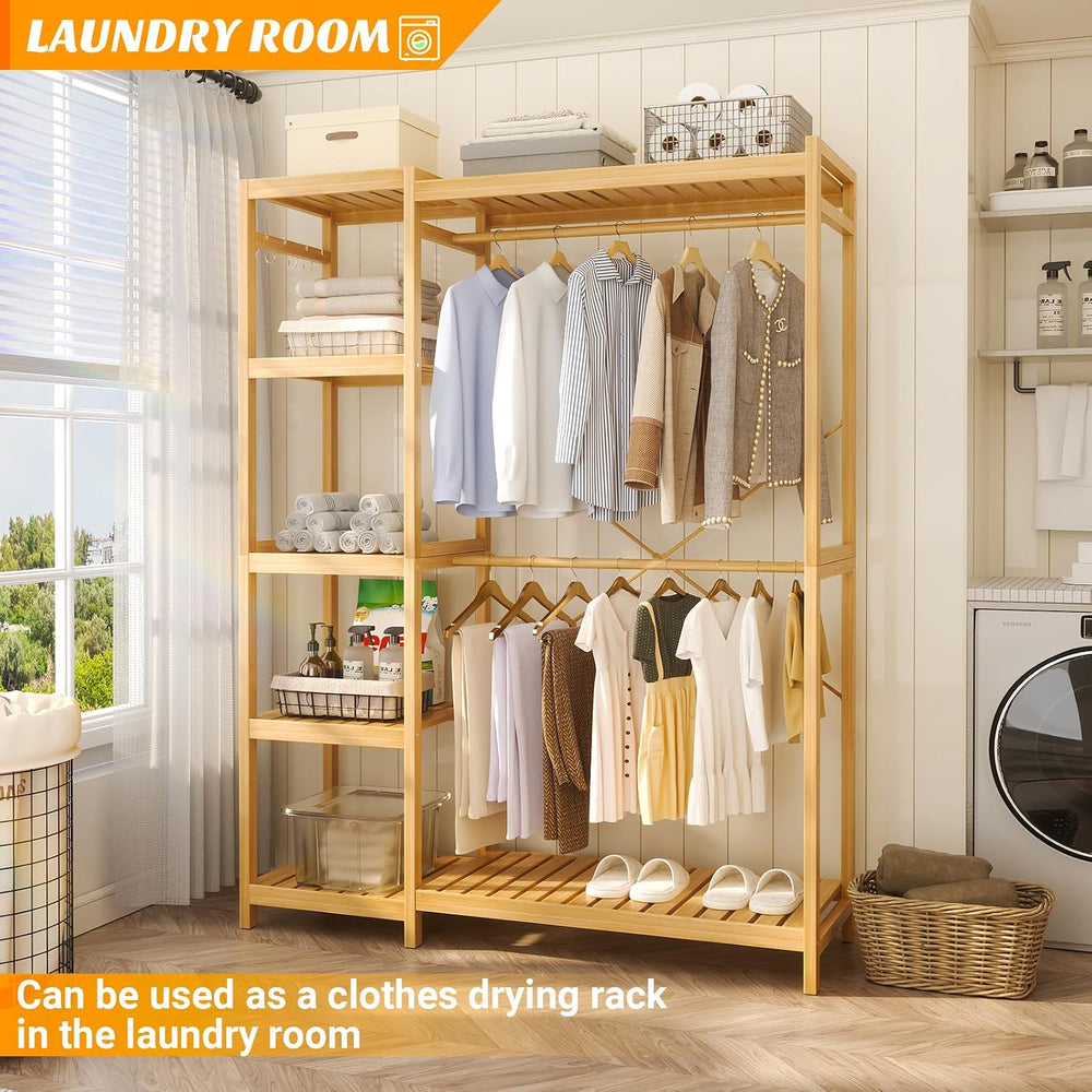 Homykic Bamboo Clothing Rack with 7 Adjustable Shelves, 2 Hang Rods
