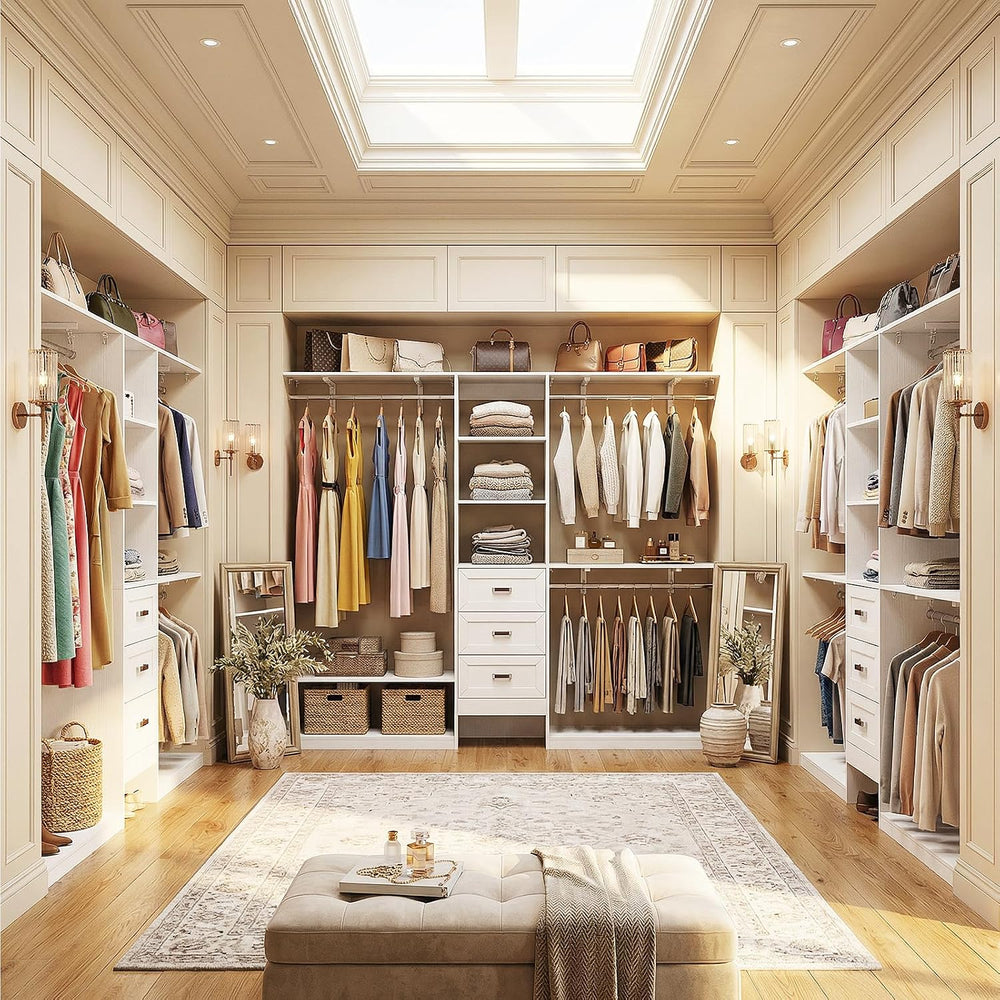 8FT Closet System with 3 Curved Drawers, 96'' Wooden Walk-in Closet O...