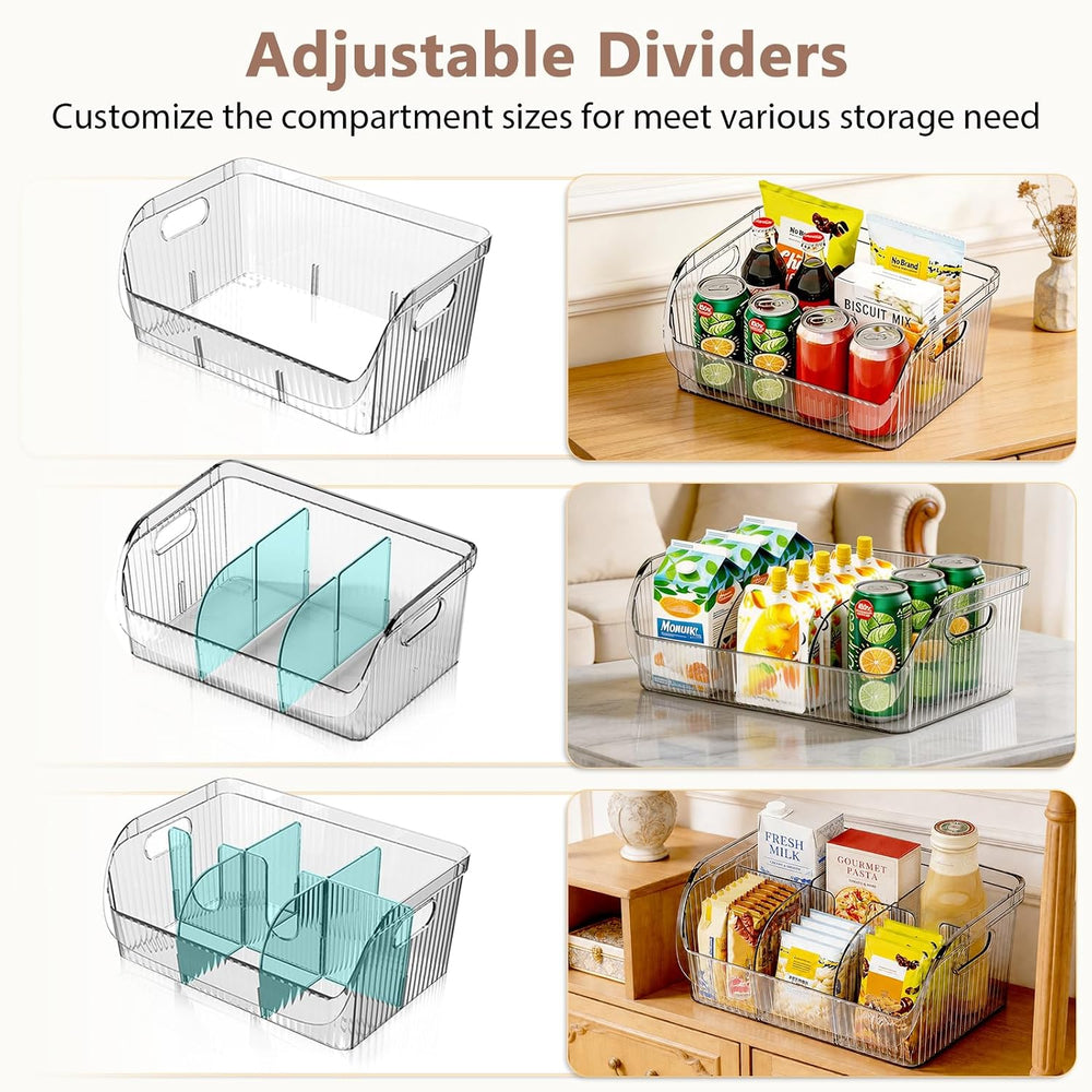 3 Pack Adjustable Dividers Storage Bins, Clear Pantry Organizers Boxes Set