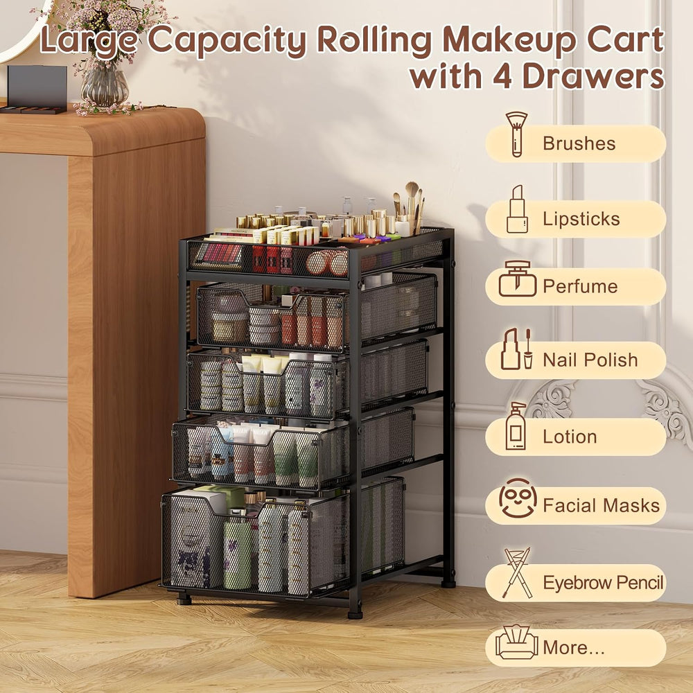 5-Tier Rolling Makeup Cart Organizer with 4 Drawers, Cosmetics Display with D...