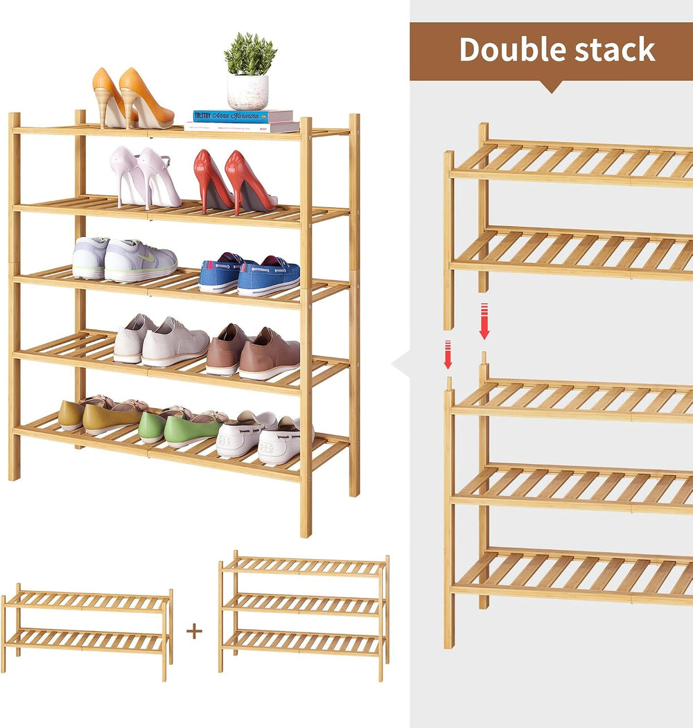 Bamboo Shoe Rack Stackable Storage Organizer for Unit Entryway Hallway and Cl...