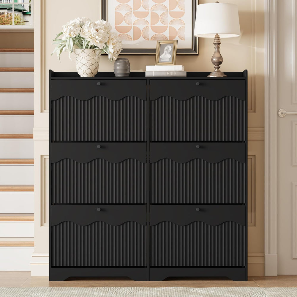 BORNOON Large Shoe Storage Cabinet with 6 Flip Drawers and Modern Wave-Edge F...