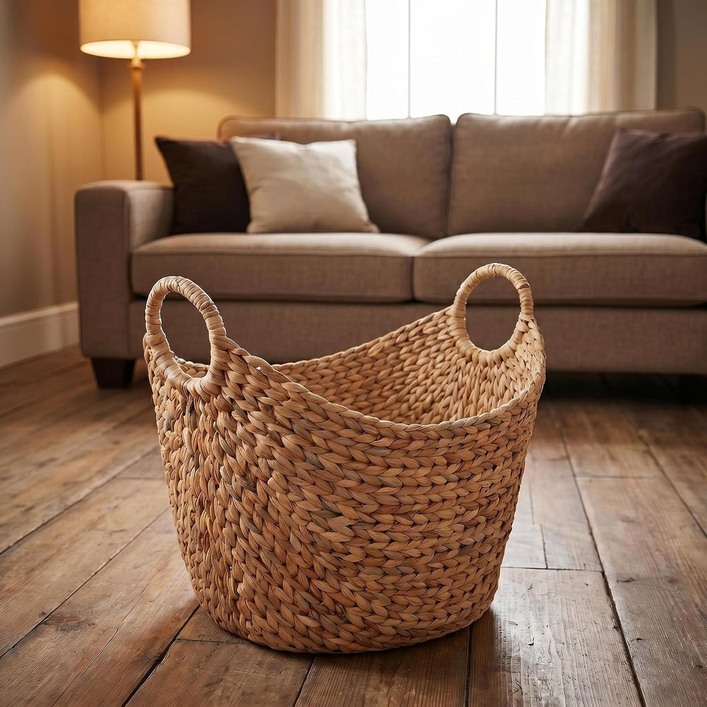 Extra Large Water Hyacinth Storage Basket with Handles, Natural Bin
