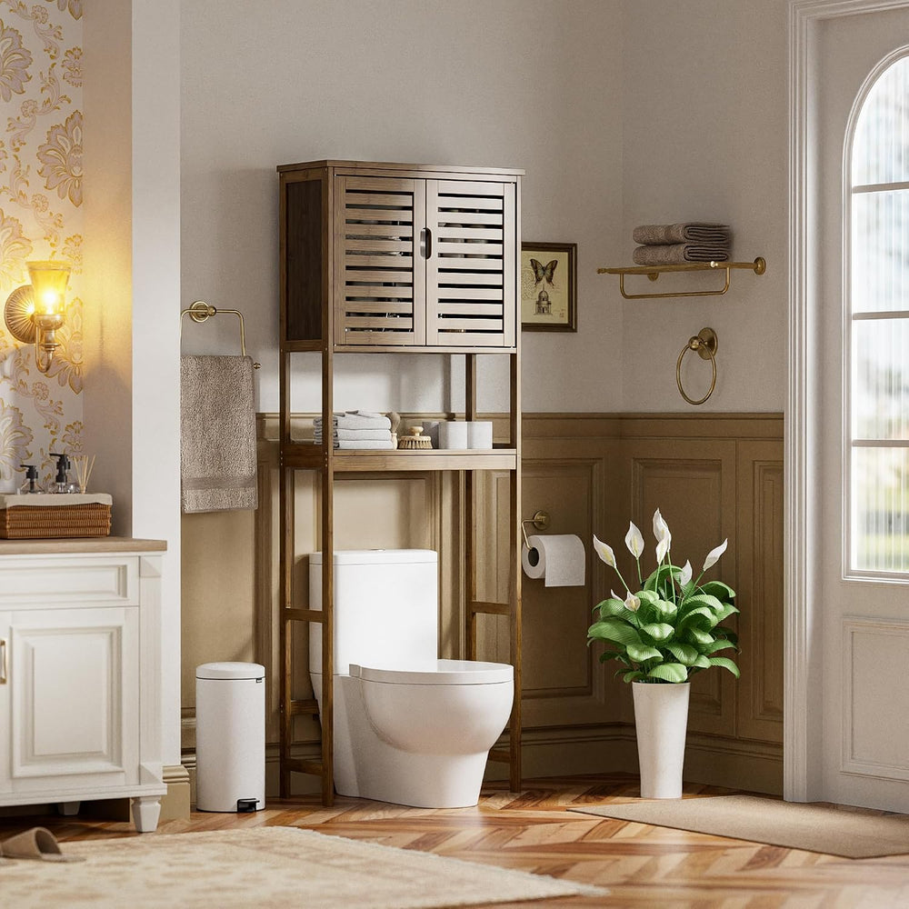 SMIBUY Bathroom Storage Shelf with Cabinet, Bamboo Over-The-Toilet Organizer ...