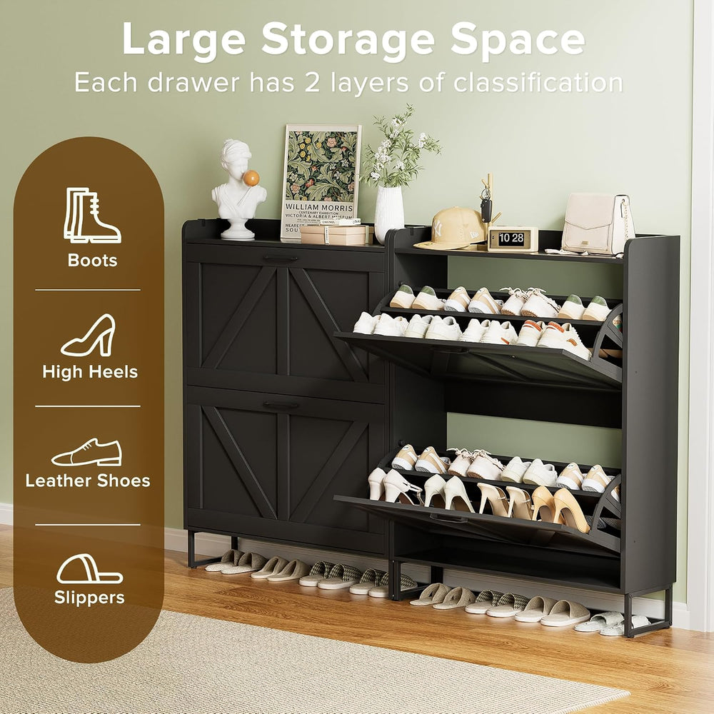 Urban Deco Shoe Cabinet with 2 Flip Drawers, Slim Shoe Storage for Entryway