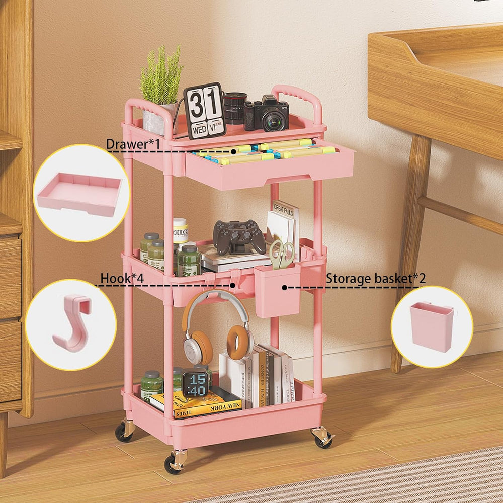 3 Tier Rolling Utility Cart with Drawer, Plastic Storage Organizer Rolling Ca...
