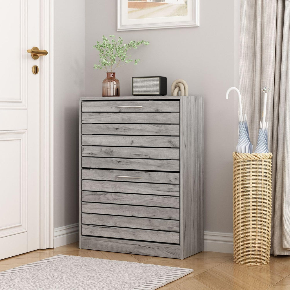 Small Shoe Cabinet with 2 Flip Drawers, Louver Surface, Grey