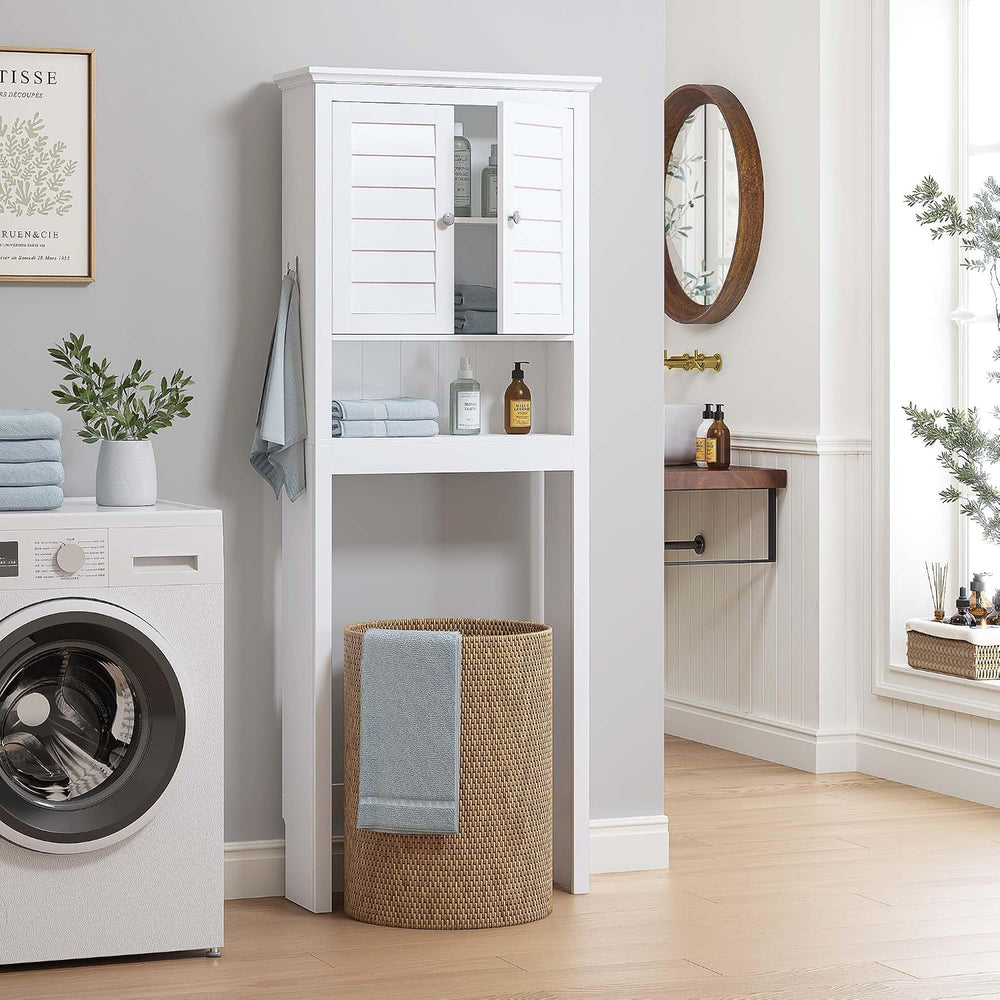 Spirich Over The Toilet Storage Cabinet with Louvered Doors & Hooks, White