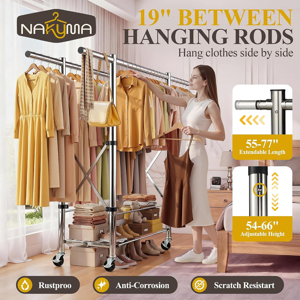 Heavy Duty Clothes Rack with Shelves, 77 Inch Extra Long Adjustable Double Ro...