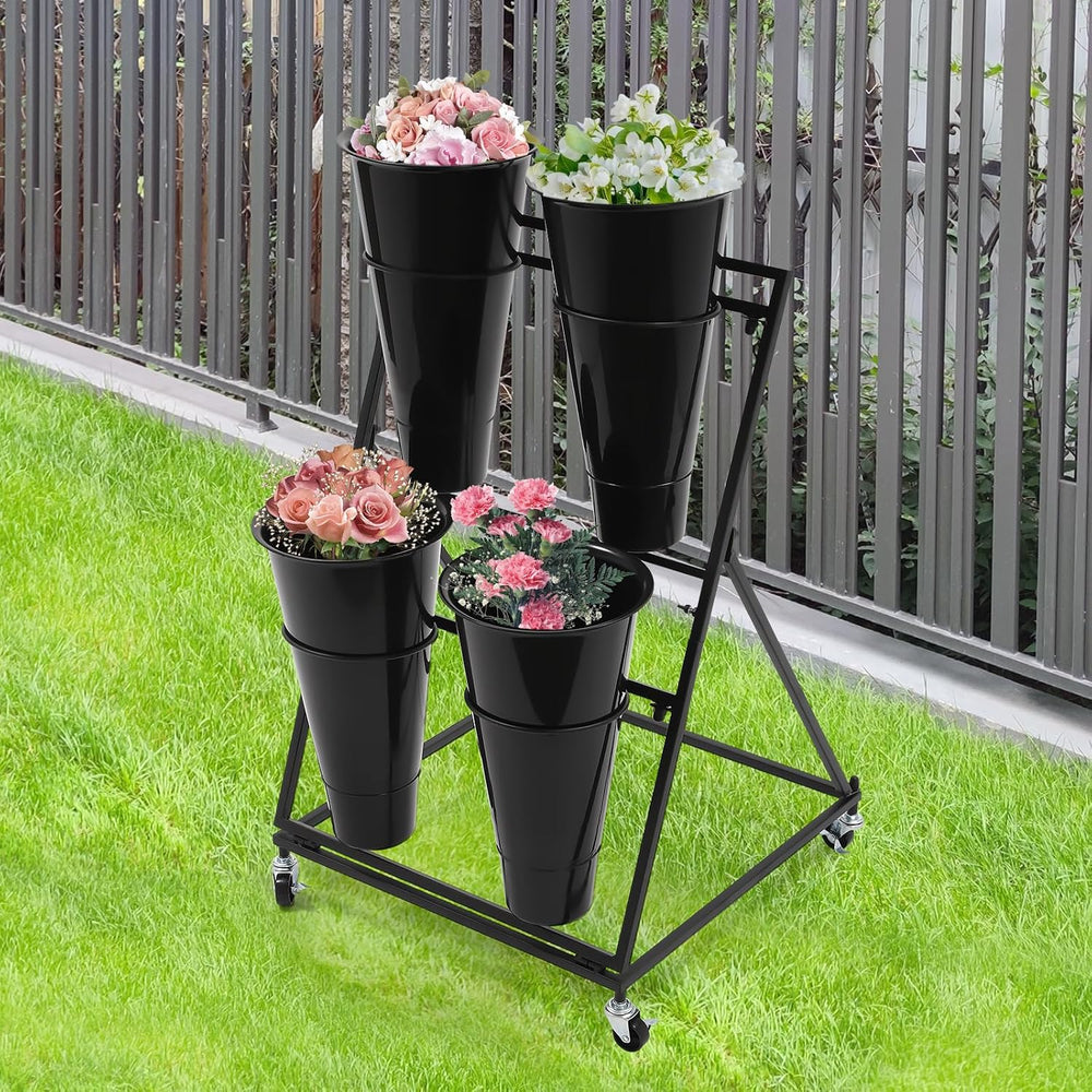 Flower Display Stand with 4PCS Round Buckets 2 Tiers Metal Mobile Florist Bou...